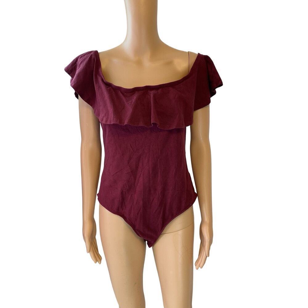 ambiance Bodysuit Top 1X Maroon Ruffle Of The Shoulder Slim Sexy Feminine Grunge